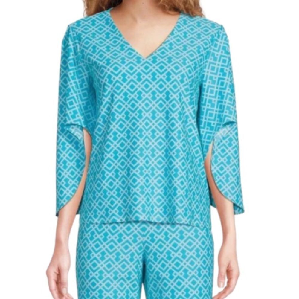 Jude Connally Daniella Stretch Trellis Trio Aqua Print Top Flowy Design NWT $158